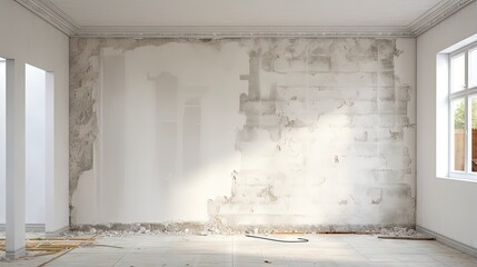 Renovation and modernization with drywall plaster in a walk-through room, copy space for individual text