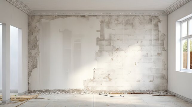 Renovation and modernization with drywall plaster in a walk-through room, copy space for individual text