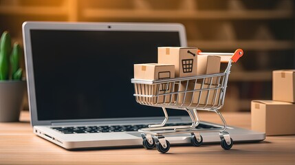 Online Shopping with carton box in shopping trolley concept. Carton paper boxes in shopping cart with laptop computer using as business online with internet technology. - obrazy, fototapety, plakaty