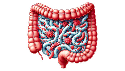 SIBO. Impact of Bacterial Overgrowth in the Human Digestive System: A Detailed Vector Exploration - obrazy, fototapety, plakaty