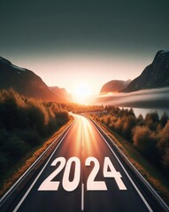new year 2024, a picture of a highway in the middle of nature, copy space background ,generative ai art - obrazy, fototapety, plakaty
