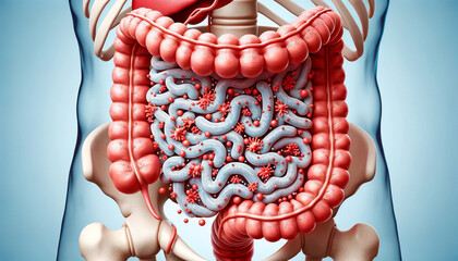 SIBO. Impact of Bacterial Overgrowth in the Human Digestive System: A Detailed Vector Exploration - obrazy, fototapety, plakaty