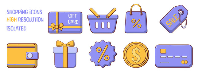 set online shopping icons, shopping symbol for discount concept, sale on goods and e-commerce, cartoon minimal illustration isolated on white