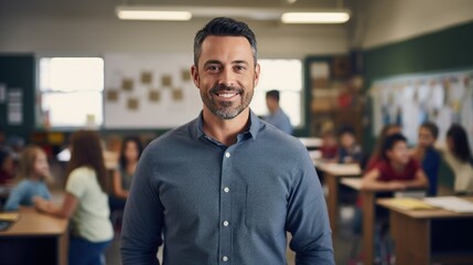 Obraz premium Portrait of a mid adult male teacher in a classroom