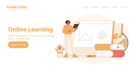 Online Learning. Web Landing Page Design. Flat Cartoon Vector Illustration.