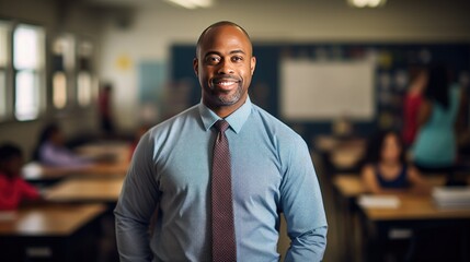 Fototapeta premium Portrait of a mid adult African American male teacher in a classroom