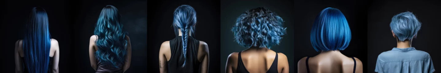Fotobehang Various haircuts for woman with blue dyed hair - long straight, wavy, braided ponytail, small perm, bobcut and short hairs. View from behind on dark background. Generative AI © Lubo Ivanko