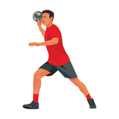 Vector isolated figure of a Chinese handball player in red uniform standing and aiming the ball at the goal