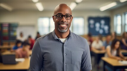 Fototapeta premium Portrait of a mid adult African American male teacher in a classroom