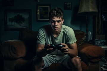 Fototapeta premium Young man playing video games at home. Male internet gaming console sitting. Generate Ai