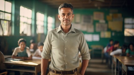 Obraz premium Portrait of a mid adult Mexican male teacher in a classroom