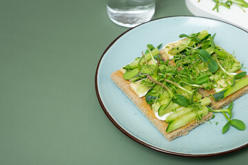 Sandwich with cheese, cucumbers and sunflower microgreens and alfalfa on green background with copy space.