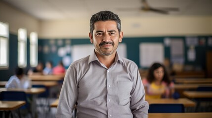Fototapeta premium Portrait of a mid adult Mexican male teacher in a classroom