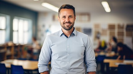 Portrait of a mid adult male teacher in a classroom - obrazy, fototapety, plakaty