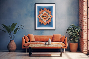 Mid century living room interior with textured navy blue wall and abstract geometric art in frame. Cozy furniture. Terracotta sofa and plants.