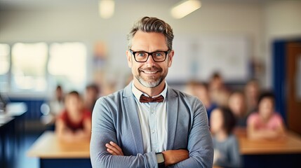 Portrait of a mid adult male teacher in a classroom - obrazy, fototapety, plakaty