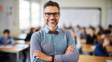 Fototapeta premium Portrait of a mid adult male teacher in a classroom