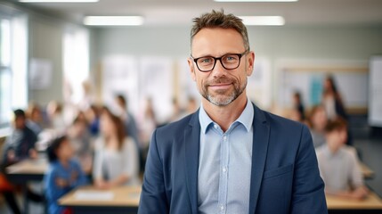 Fototapeta premium Portrait of a mid adult male teacher in a classroom