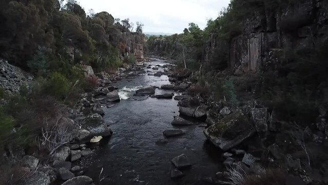 Drone video of gorge along the North Esk River In Tasmania