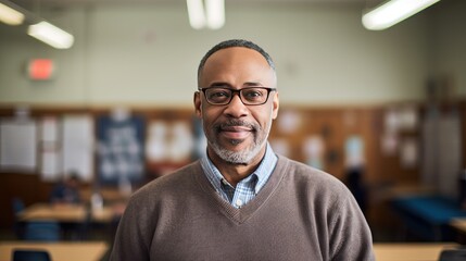 Fototapeta premium Portrait of a senior African American male teacher in a classroom