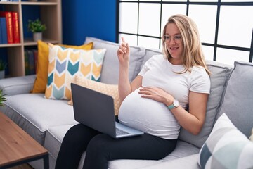Young pregnant woman sitting on the sofa at home using laptop smiling happy pointing with hand and finger to the side