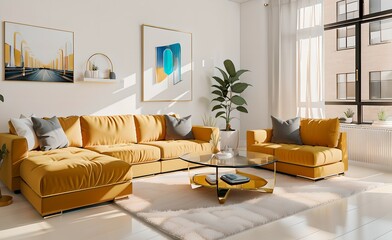 2. Modern furniture and large framed interiors. Sunlit windows, camel-colored sofas and ivory-colored rooms.