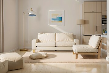 Fototapeta na wymiar 6. Modern furniture and framing. Sunlit windows, ivory or brown sofas and ivory-colored rooms.