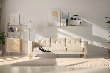 4. Modern furniture and framing. Sunlit windows, ivory or brown sofas and ivory-colored rooms.