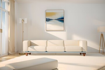 Fototapeta na wymiar 53. Modern furniture and framing. A sunlit window, sofa and ivory-colored room.