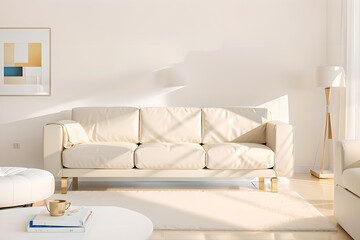 Fototapeta na wymiar 50. Modern furniture and framing. A sunlit window, sofa and ivory-colored room.
