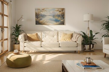 49. Modern furniture and framing. A sunlit window, sofa and ivory-colored room.