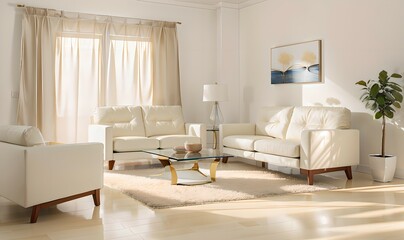 48. Modern furniture and framing. A sunlit window, sofa and ivory-colored room.