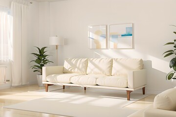 47. Modern furniture and framing. A sunlit window, sofa and ivory-colored room.