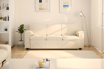 44. Modern furniture and framing. A sunlit window, sofa and ivory-colored room.