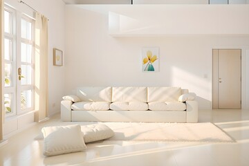 43. Modern furniture and framing. A sunlit window, sofa and ivory-colored room.