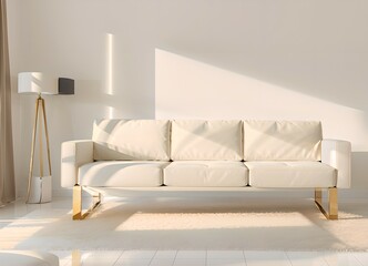 42. Modern furniture and framing. A sunlit window, sofa and ivory-colored room.