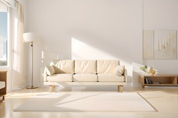 41. Modern furniture and framing. A sunlit window, sofa and ivory-colored room.