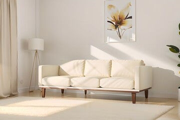 40. Modern furniture and framing. A sunlit window, sofa and ivory-colored room.
