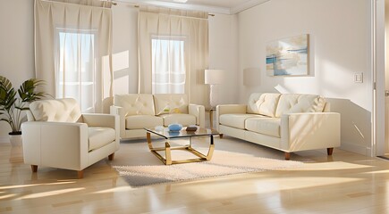 Fototapeta na wymiar 13. Modern furniture and framing. A sunlit window, sofa and ivory-colored room.