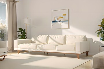11. Modern furniture and framing. A sunlit window, sofa and ivory-colored room.