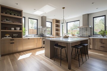 Stylish contemporary kitchen filled with natural light. Generative AI