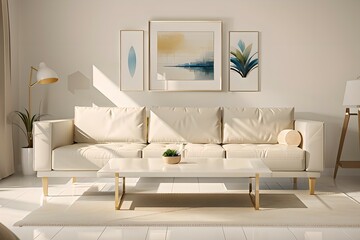 7. Modern furniture and framing. A sunlit window, sofa and ivory-colored room.