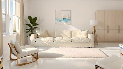 6. Modern furniture and framing. A sunlit window, sofa and ivory-colored room.