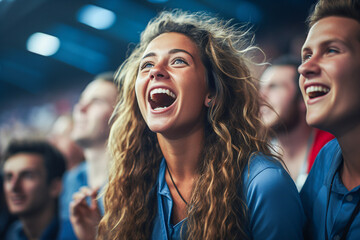 the world of soccer celebrating in a stadium showing cheering young brunette woman with long curly hairs  - obrazy, fototapety, plakaty