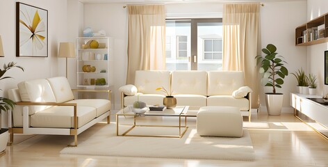 3. Modern furniture and framing. A sunlit window, sofa and ivory-colored room.