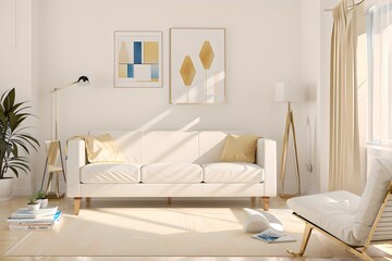 1. Modern furniture and framing. A sunlit window, sofa and ivory-colored room.