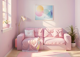 12. Modern ivory design living room sofa and pink and ivory room. the interior design of a house. Generative AI