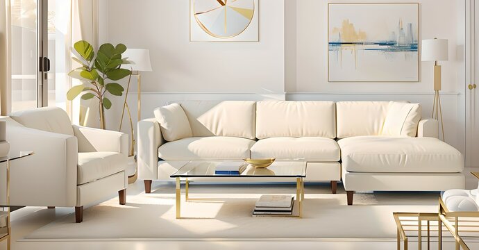 15. Modern furniture and framing. A sunlit window, sofa and ivory-colored room.