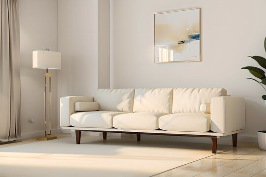 5. Modern furniture and framing. A sunlit window, sofa and ivory-colored room.