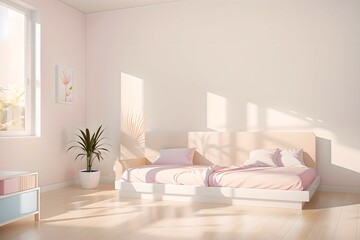 Fototapeta na wymiar 1. A pink and ivory bedroom with a neat bed and sunlight. Generative AI
